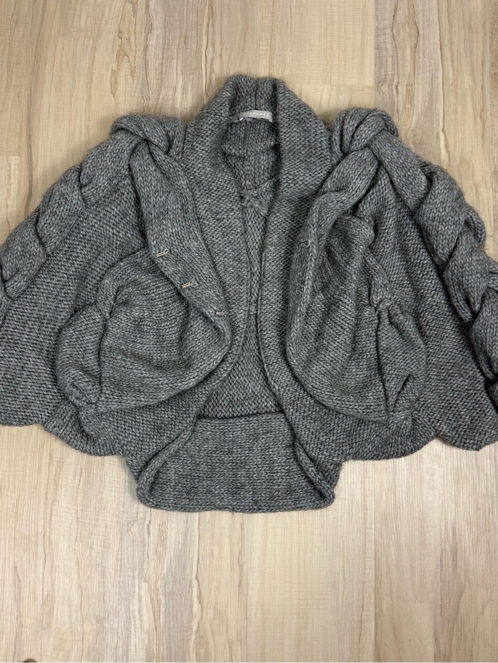 Stefanel Gray Braided Cable Knit Shawl Cardigan
